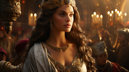 An image of Esther in regal attire, standing courageously before the king Generative AI