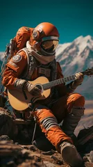 Tuinposter Astronaut in a orange space suit sitting on a rock on mars playing the guitar © Tamara