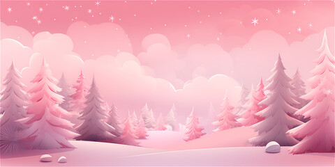 Fototapeta na wymiar Pastel pink watercolor illustration of winter wonderland forest, ai generated