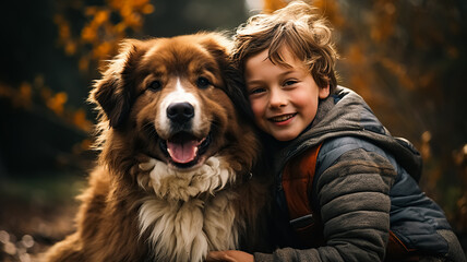 Little boy hugging a large dog in the autumn. Love to pets concept. They standing together and looking at camera.