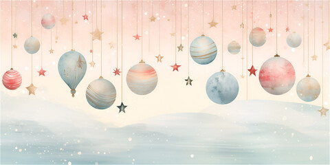  Watercolor Christmas frame background with xmas ornament balls, ai generated