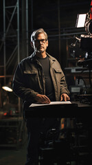 Obraz premium Portrait of a film director at studio. Movie director at work on filming a movie, commercial or TV series
