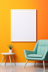 blank picture frame on bright yellow color wall ,  wall frame mockup idea, Generative Ai