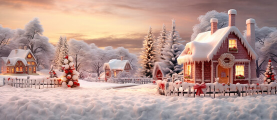 Rustic winter landscape at sunset with snow covered houses, glowing windows, Christmas decorated trees in pink sunlight.