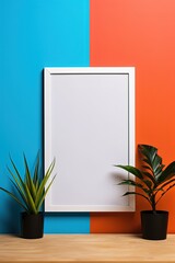 blank picture frame on blue orange wall backdrop, mockup idea, Generative Ai