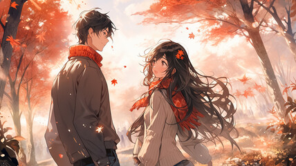 Naklejka premium Romantic couple in autumn park. Happy anime boy and girl walking in autumn woods. Romantic drawn anime style