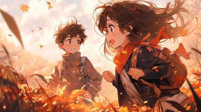 Romantic couple in autumn park. Happy anime boy and girl walking in autumn woods. Romantic drawn anime style