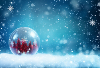 Fototapeta na wymiar Christmas tree balls in snow on the background of falling snow and forest. Copy space.