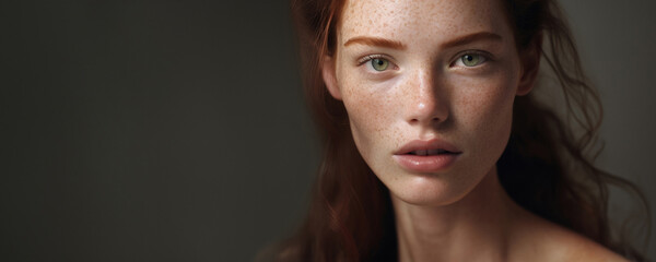 Close-up portrait of a freckled girl, neutral background