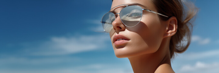 Close-up portrait of a girl wearing glasses against a sunny sky