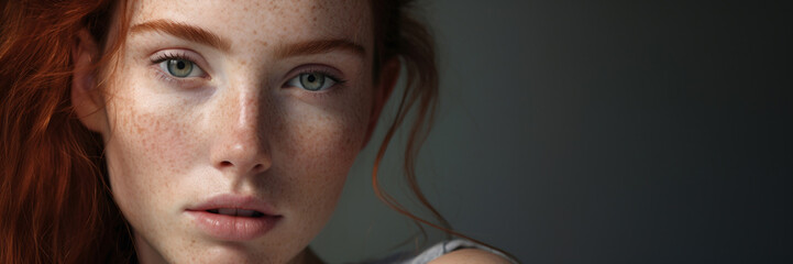 Close-up portrait of a freckled young woman, neutral background