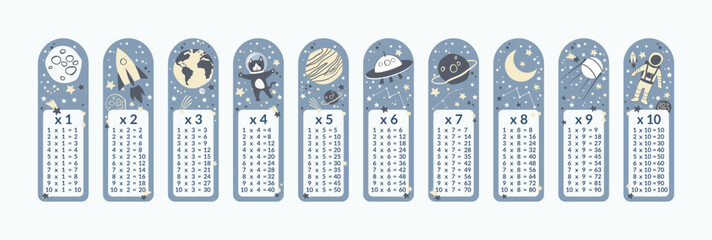 Vector set of bookmarks for children with space theme and multiplication table. Cute planets, astronaut, spaceship, rocket, cat, moon. Vertical layout card templates - obrazy, fototapety, plakaty