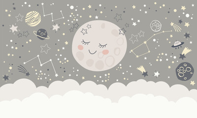 Children graphic illustration for nursery, wall, book cover, textile, cards. Interior design for kids room. Vector illustration with space theme and cute moon	