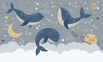 Children graphic illustration for nursery, wall, book cover, textile, cards. Interior design for kids room. Vector illustration with space theme and flying whale  © Iryna