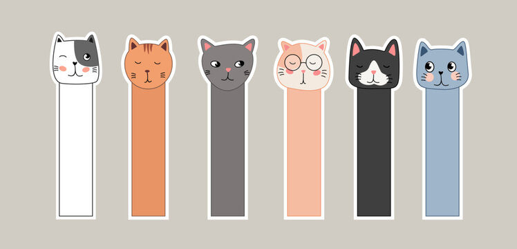 Set of cartoon bookmarks with cute cats. Bookmark paper sticker collection in flat design. Vector illustration