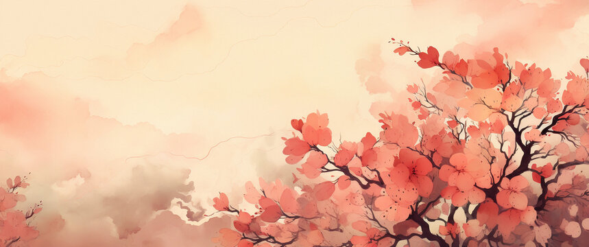 Pink cherry blossom tree in a light pink sky. A beautiful spring or fall scene with a watercolor texture. Suitable for spring, autumn, floral, or art themes. Panoramic background with copy space.