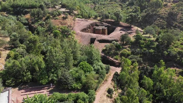 Aerial view of monolithic rock-cut church of bete giyorgis Lalibela Ethiopia