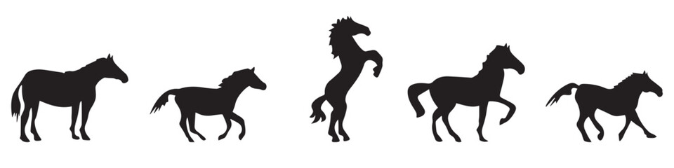Set of silhouette of horses. Isolated black silhouette of galloping, jumping running, trotting, rearing horse on white background.EPS 10