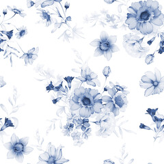 Seamless pattern with wild flowers in indigo tones - 632544175