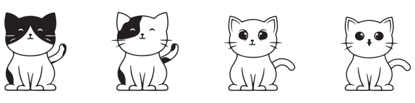 Cat icons collection. Kittens emoji symbols set. Black and white simple outline cats head emoticon pictures.EPS 10