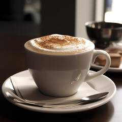 Cappuccino with cinnamon in a white ceramic cup close-up. Blurred background.