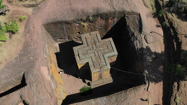 Aerial view of monolithic rock-cut church of bete giyorgis Lalibela Ethiopia