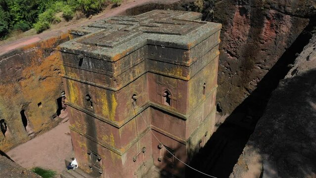 Aerial view of monolithic rock-cut church of bete giyorgis Lalibela Ethiopia
