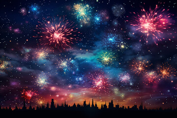 Fototapeta na wymiar Burst of Colorful Fireworks in the Night Sky Generative AI