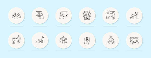 Teamwork line icon. Performance, public speaking, raising morale, hands, palms. Pastel color background. Vector line icon
