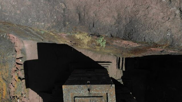 Aerial view of monolithic rock-cut church of bete giyorgis Lalibela Ethiopia