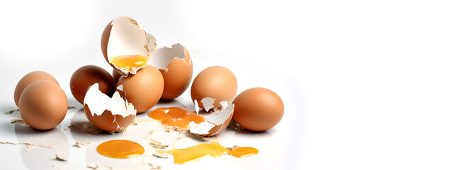Broken raw eggs on a white background with space for text. Broken and surviving egg after a fall. 