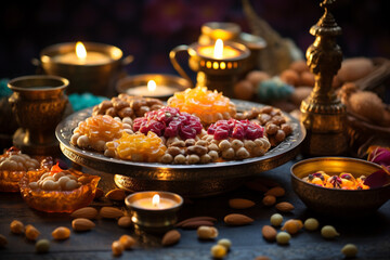 enticing photo of an array of traditional Diwali sweets and treats, showcasing the culinary delights of the festival Generative AI