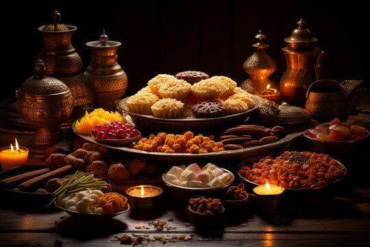 enticing photo of an array of traditional Diwali sweets and treats, showcasing the culinary delights of the festival Generative AI