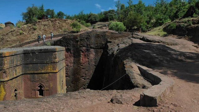 Aerial view of monolithic rock-cut church of bete giyorgis Lalibela Ethiopia