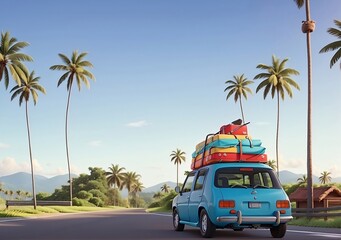 Family road trip by blue car with luggage bags on roof in tropical landscape, driving along highway with palm trees by sides