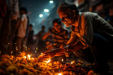 symbolic shot of people lighting firecrackers with reverence and joy, evoking the festive spirit of Diwali Generative AI