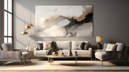 luxury living room with a large painting. generative AI illustration.