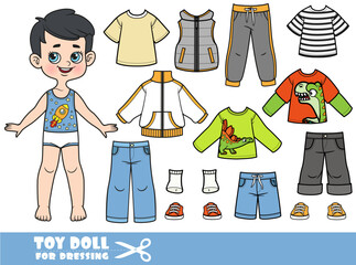 Cute cartoon brunette  boy with and clothes separately - shorts, longsleeve, tee-shirts, vest , jeans and sneakers doll for dressing