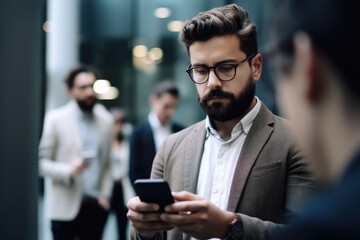 shot of a man using his smartphone to send an email with his colleagues in the background