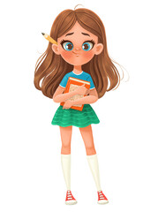 Cute cartoon teenager schoolgirl with textbooks isolated on a white backgrouund