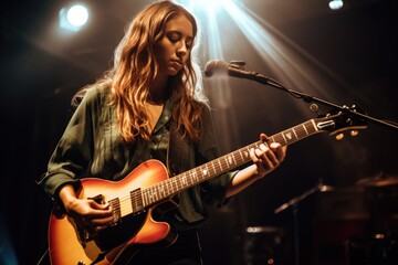 Plakat shot of a young female musician playing guitar on stage