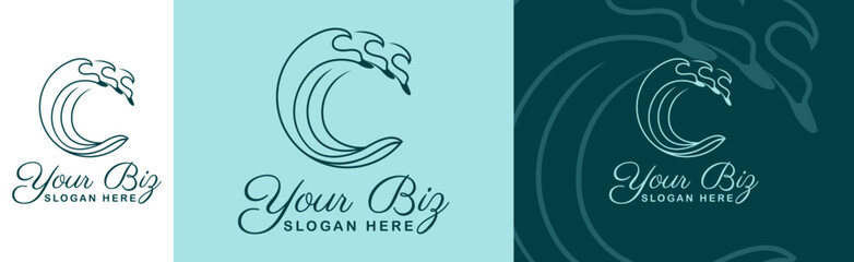 Waves shaped flying ducks in monoline style logo concept