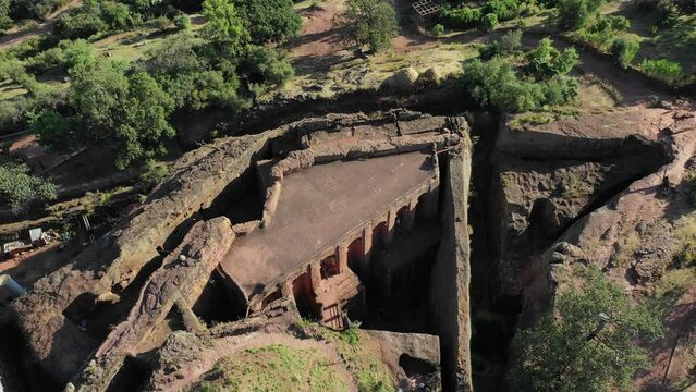 Aerial view of Bete gabriel rafael twin church Amhara Lalibela Ethiopia