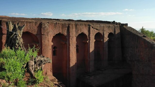 Aerial view of Bete gabriel rafael twin church Amhara Lalibela Ethiopia