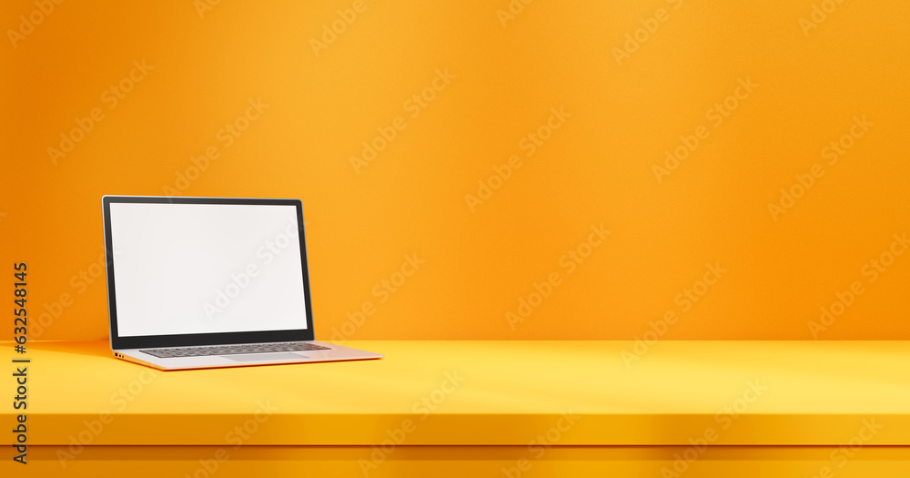 Poster laptop with white empty screen mock up on yellow table on orange wall backdrop