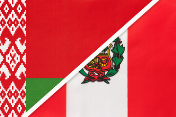Belarus and Peru, symbol of country. Belarusian vs Peruvian national flags