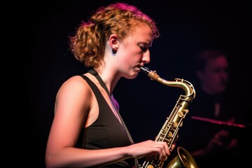 Fototapeta na wymiar a young woman playing the saxophone onstage