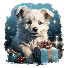 An enchanting Christmas Husky Dog t-shirt design capturing a Husky puppy eagerly unwrapping a present under a twinkling Christmas tree, Generative Ai