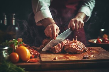 Chef cutting grilled meat steak with knife on wooden background