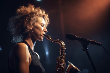 shot of a young woman playing the saxophone on stage at a live music concert